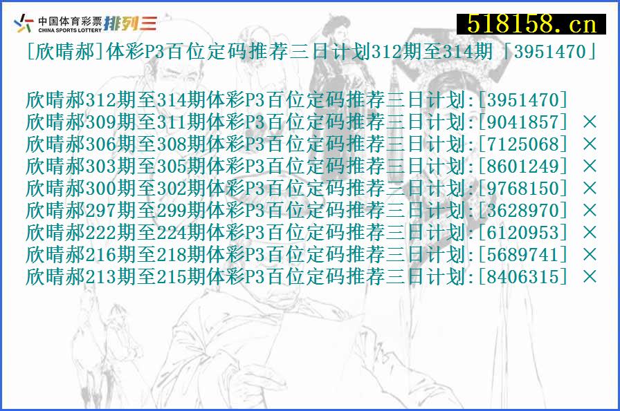 [欣晴郝]体彩P3百位定码推荐三日计划312期至314期「3951470」