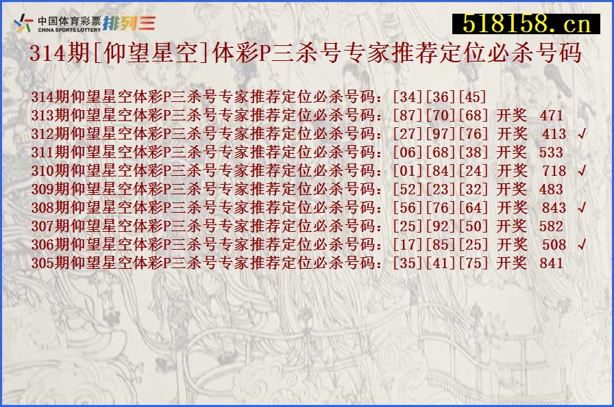 314期[仰望星空]体彩P三杀号专家推荐定位必杀号码