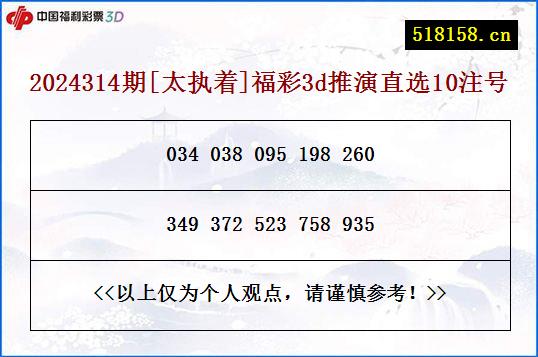 2024314期[太执着]福彩3d推演直选10注号