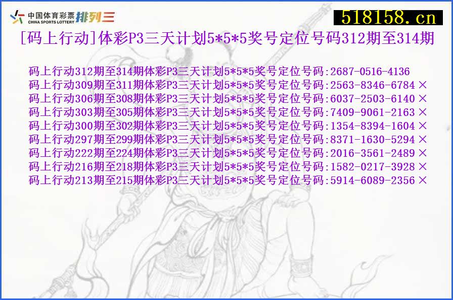 [码上行动]体彩P3三天计划5*5*5奖号定位号码312期至314期