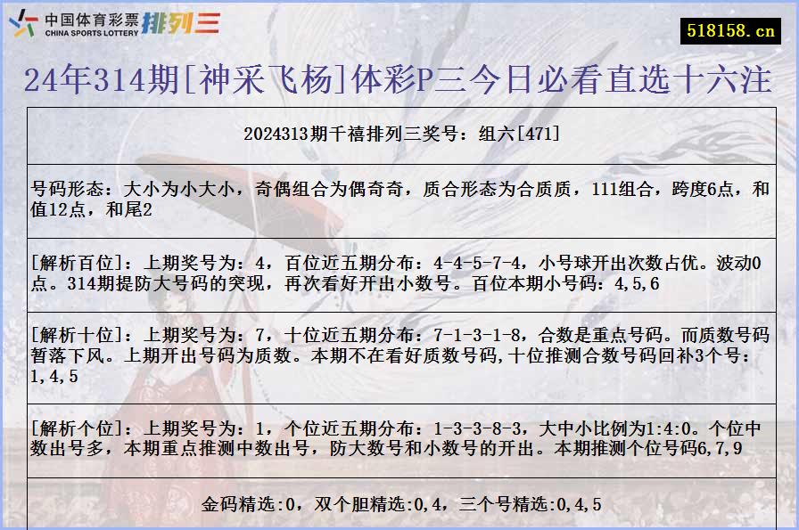 24年314期[神采飞杨]体彩P三今日必看直选十六注