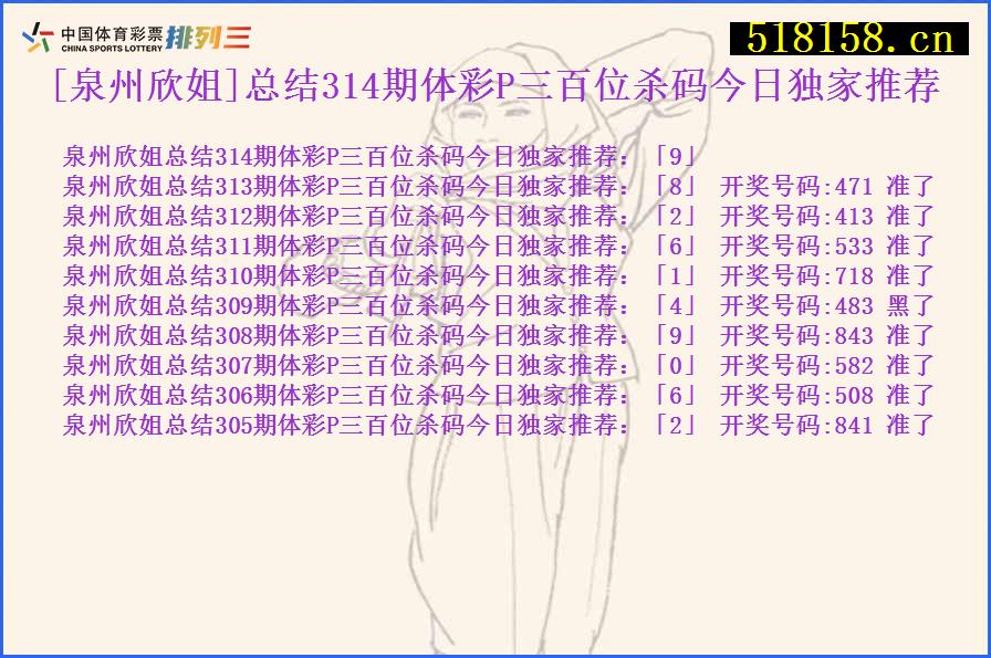 [泉州欣姐]总结314期体彩P三百位杀码今日独家推荐