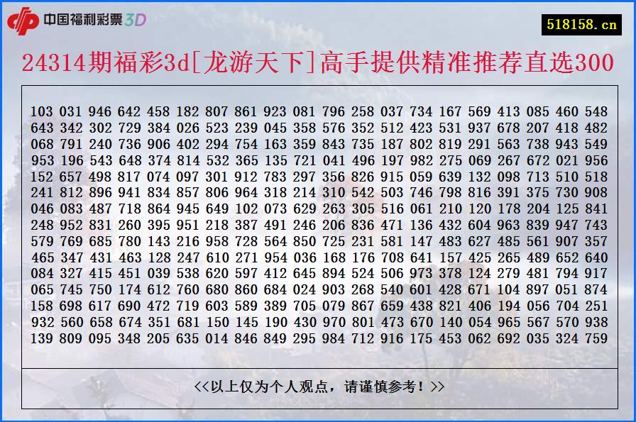 24314期福彩3d[龙游天下]高手提供精准推荐直选300