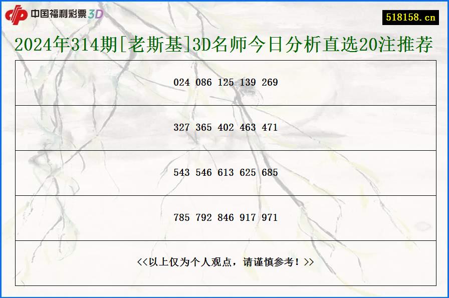 2024年314期[老斯基]3D名师今日分析直选20注推荐