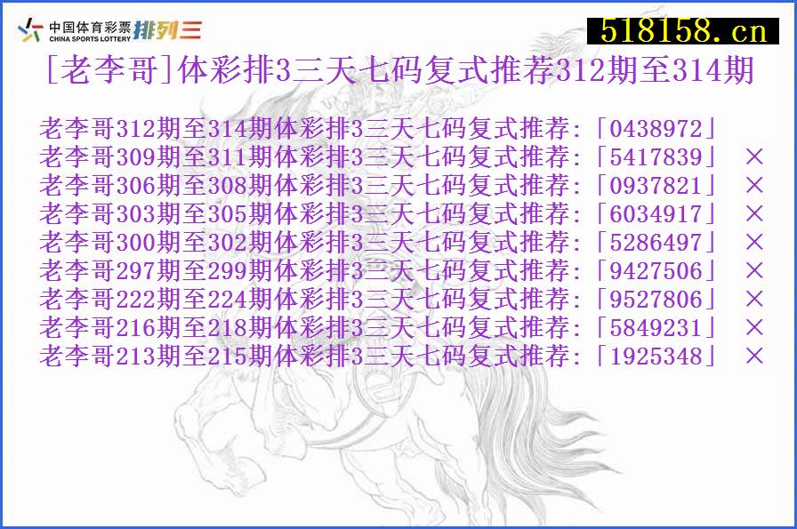 [老李哥]体彩排3三天七码复式推荐312期至314期