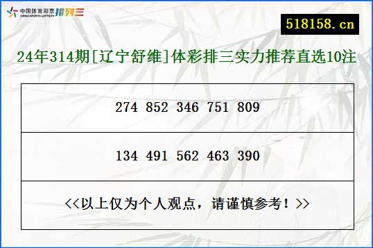 24年314期[辽宁舒维]体彩排三实力推荐直选10注