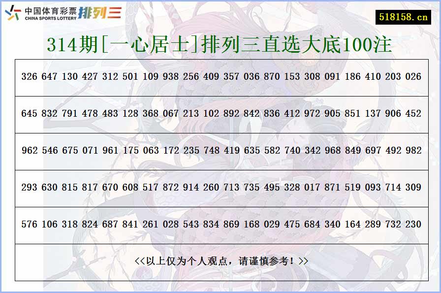 314期[一心居士]排列三直选大底100注