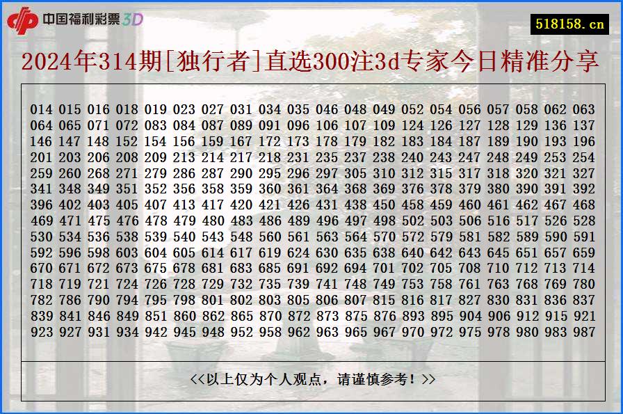 2024年314期[独行者]直选300注3d专家今日精准分享