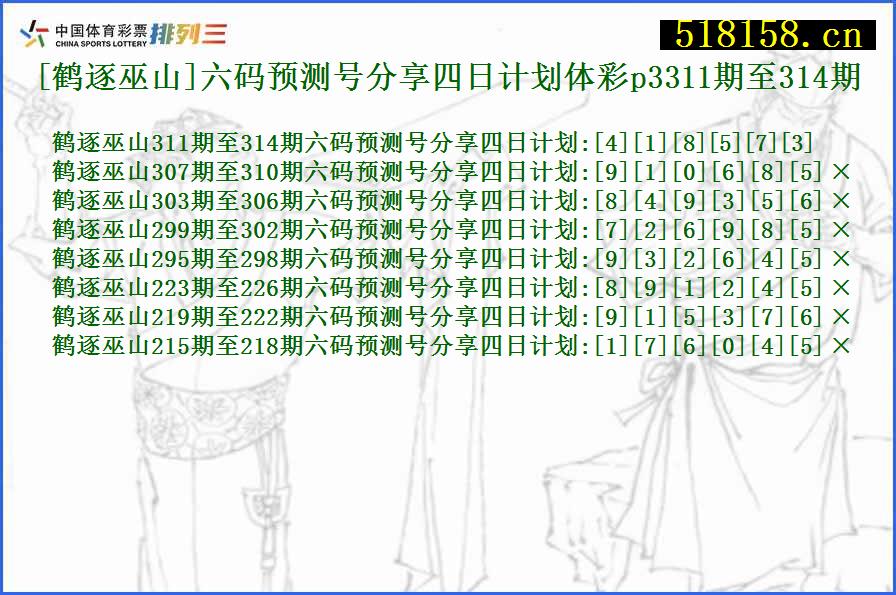 [鹤逐巫山]六码预测号分享四日计划体彩p3311期至314期