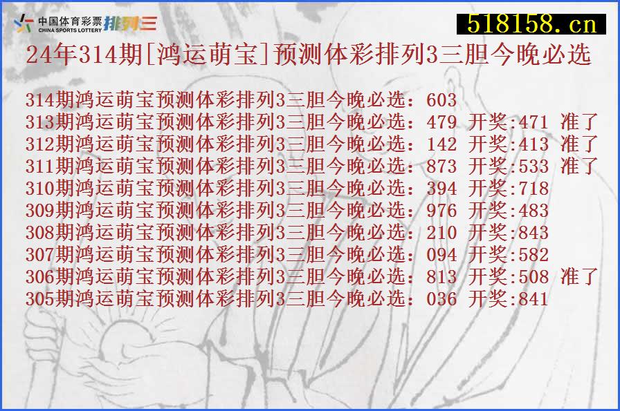 24年314期[鸿运萌宝]预测体彩排列3三胆今晚必选