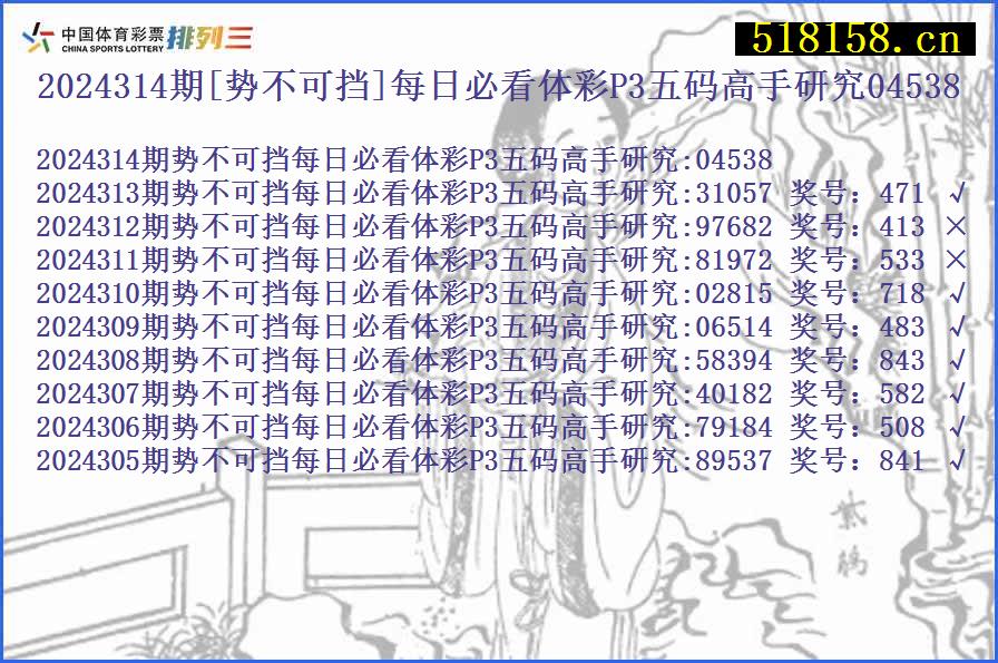 2024314期[势不可挡]每日必看体彩P3五码高手研究04538