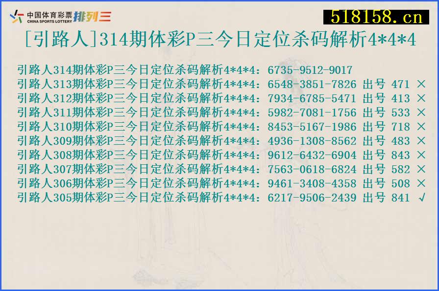 [引路人]314期体彩P三今日定位杀码解析4*4*4