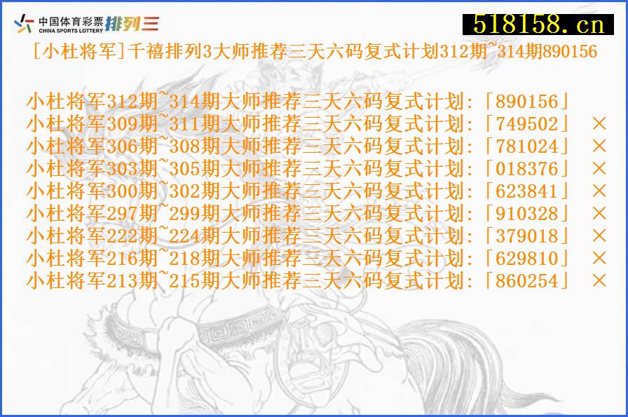 [小杜将军]千禧排列3大师推荐三天六码复式计划312期~314期890156