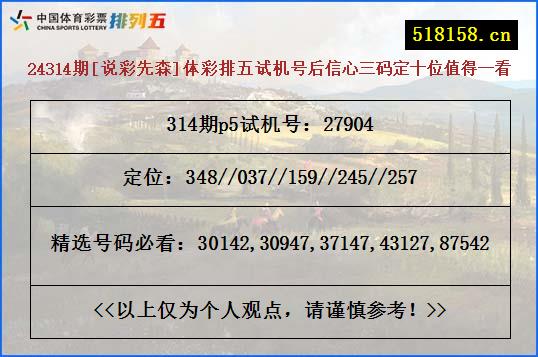 24314期[说彩先森]体彩排五试机号后信心三码定十位值得一看