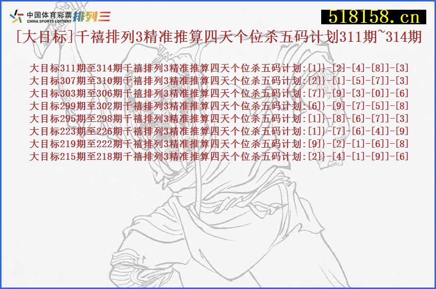 [大目标]千禧排列3精准推算四天个位杀五码计划311期~314期