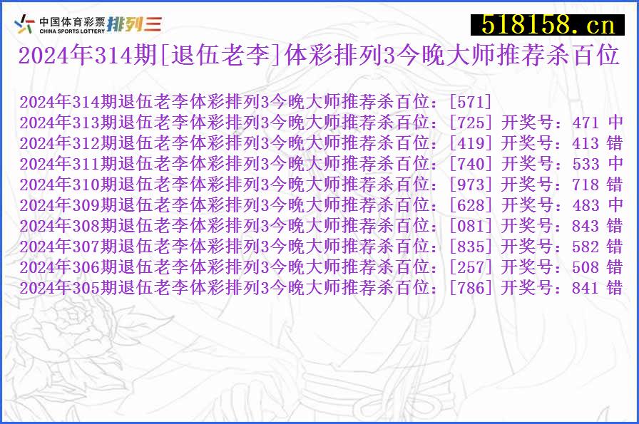 2024年314期[退伍老李]体彩排列3今晚大师推荐杀百位