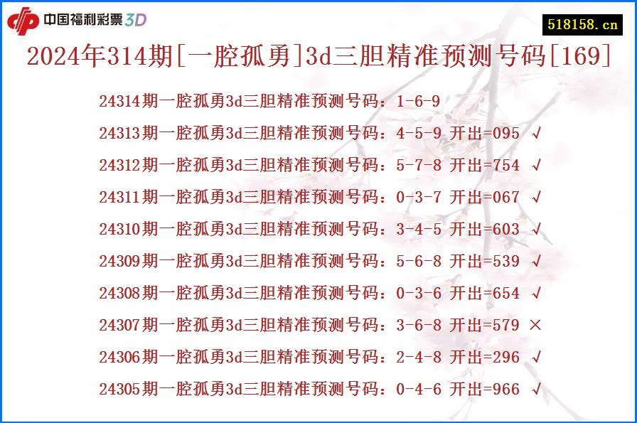 2024年314期[一腔孤勇]3d三胆精准预测号码[169]