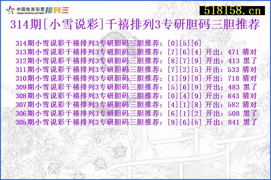314期[小雪说彩]千禧排列3专研胆码三胆推荐