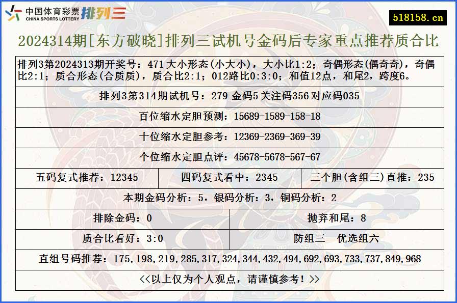 2024314期[东方破晓]排列三试机号金码后专家重点推荐质合比