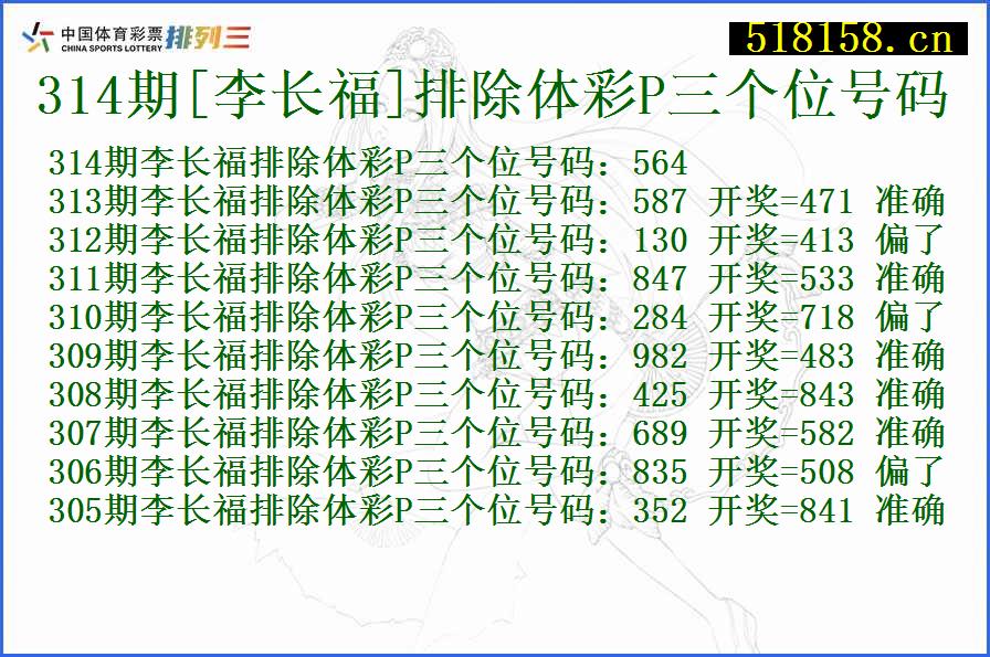 314期[李长福]排除体彩P三个位号码