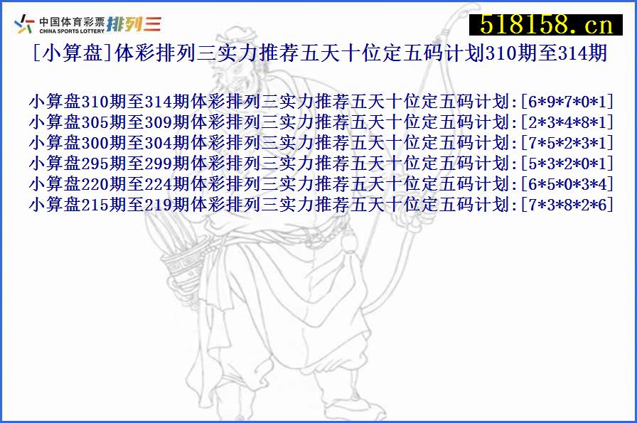 [小算盘]体彩排列三实力推荐五天十位定五码计划310期至314期