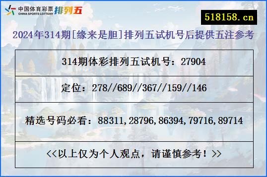 2024年314期[缘来是胆]排列五试机号后提供五注参考