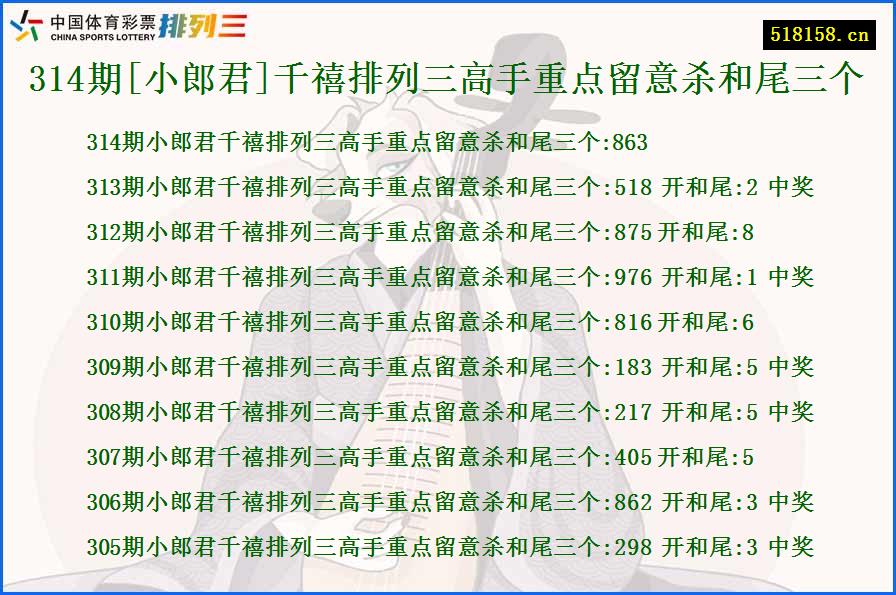 314期[小郎君]千禧排列三高手重点留意杀和尾三个