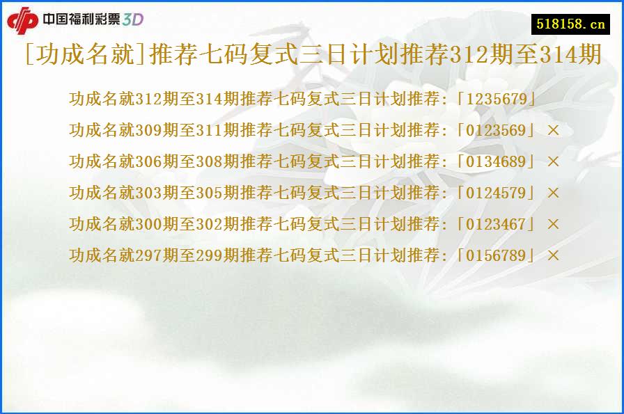 [功成名就]推荐七码复式三日计划推荐312期至314期