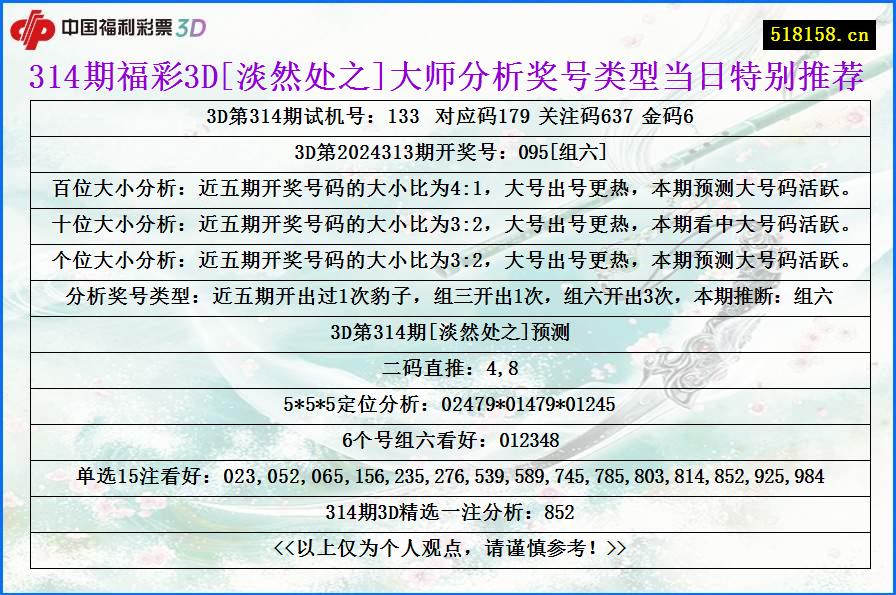 314期福彩3D[淡然处之]大师分析奖号类型当日特别推荐