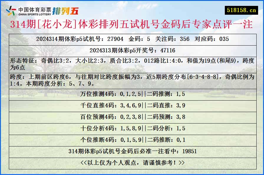 314期[花小龙]体彩排列五试机号金码后专家点评一注