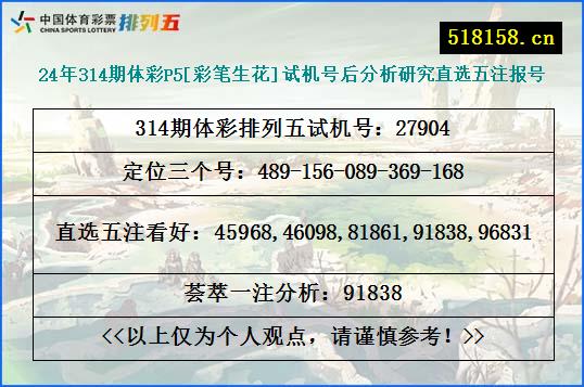 24年314期体彩P5[彩笔生花]试机号后分析研究直选五注报号