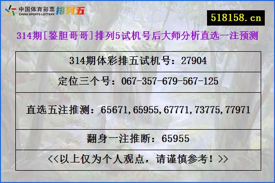 314期[鉴胆哥哥]排列5试机号后大师分析直选一注预测