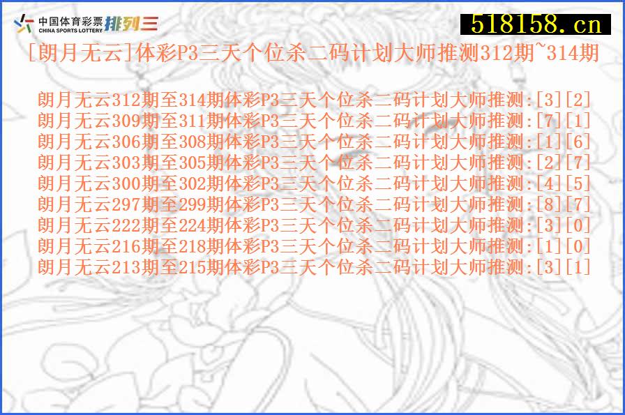 [朗月无云]体彩P3三天个位杀二码计划大师推测312期~314期