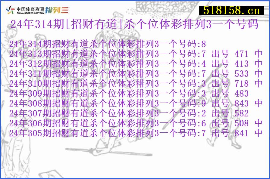 24年314期[招财有道]杀个位体彩排列3一个号码