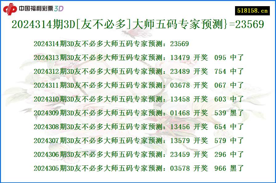 2024314期3D[友不必多]大师五码专家预测}=23569