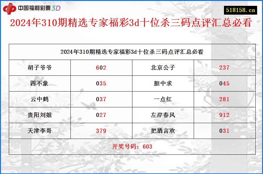 2024年310期精选专家福彩3d十位杀三码点评汇总必看