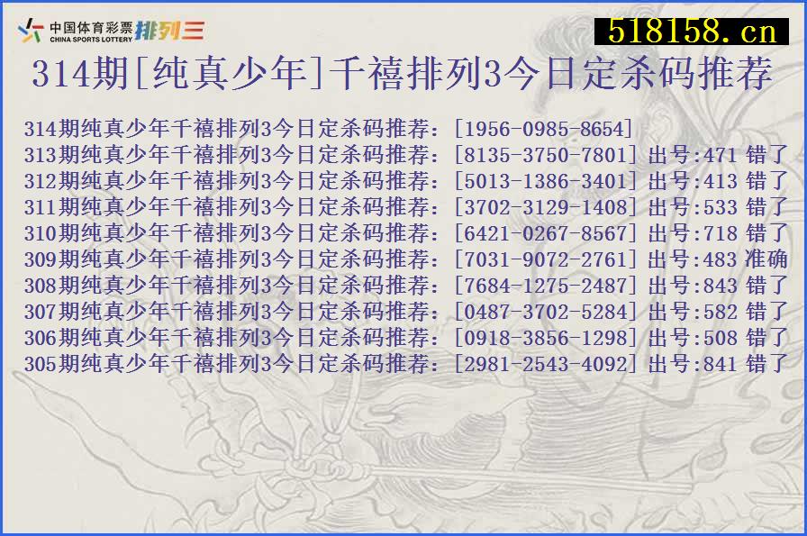 314期[纯真少年]千禧排列3今日定杀码推荐