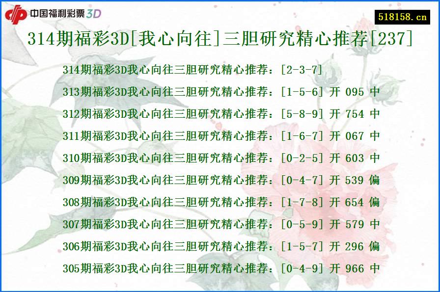 314期福彩3D[我心向往]三胆研究精心推荐[237]