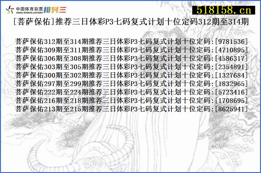 [菩萨保佑]推荐三日体彩P3七码复式计划十位定码312期至314期