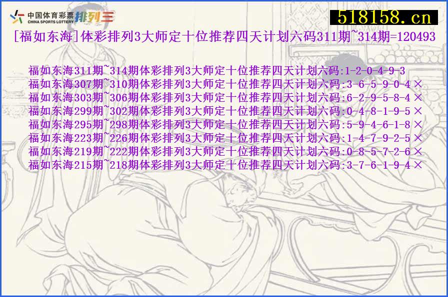 [福如东海]体彩排列3大师定十位推荐四天计划六码311期~314期=120493