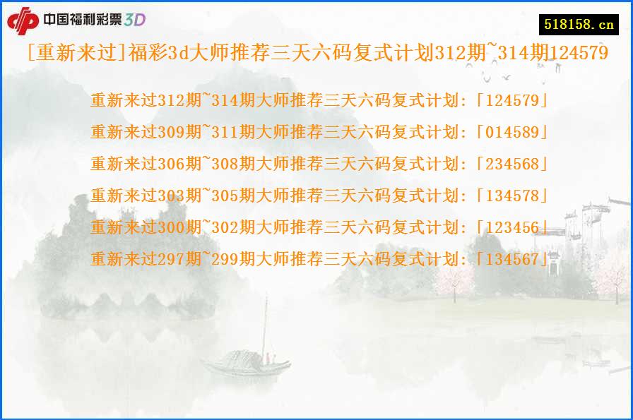 [重新来过]福彩3d大师推荐三天六码复式计划312期~314期124579