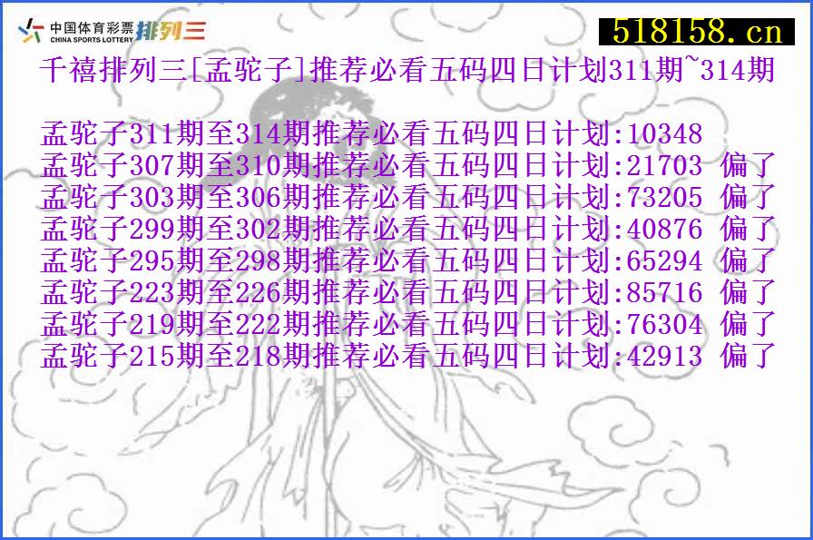 千禧排列三[孟驼子]推荐必看五码四日计划311期~314期