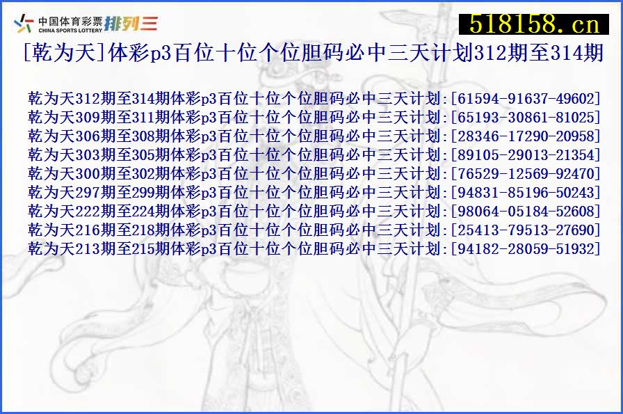 [乾为天]体彩p3百位十位个位胆码必中三天计划312期至314期