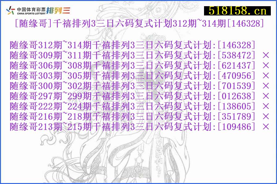 [随缘哥]千禧排列3三日六码复式计划312期~314期[146328]