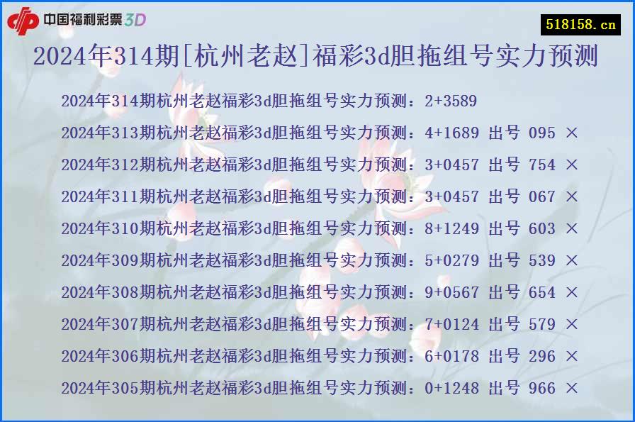 2024年314期[杭州老赵]福彩3d胆拖组号实力预测