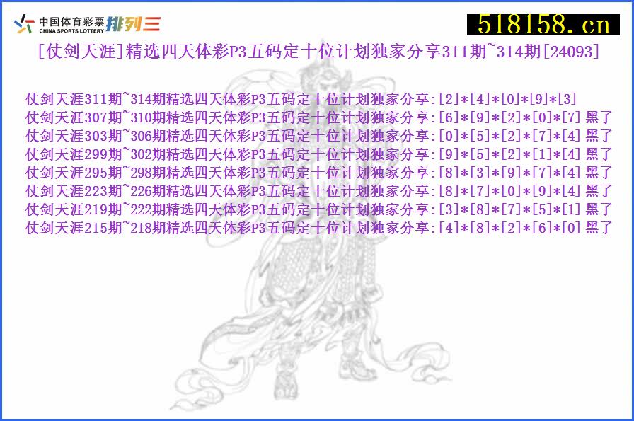 [仗剑天涯]精选四天体彩P3五码定十位计划独家分享311期~314期[24093]