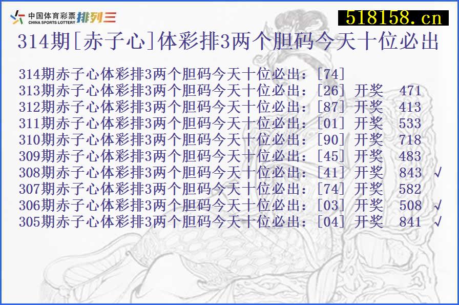 314期[赤子心]体彩排3两个胆码今天十位必出