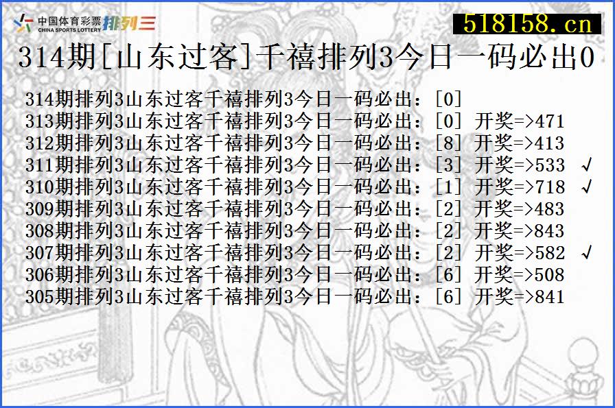 314期[山东过客]千禧排列3今日一码必出0