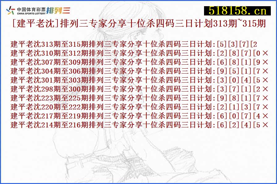 [建平老沈]排列三专家分享十位杀四码三日计划313期~315期