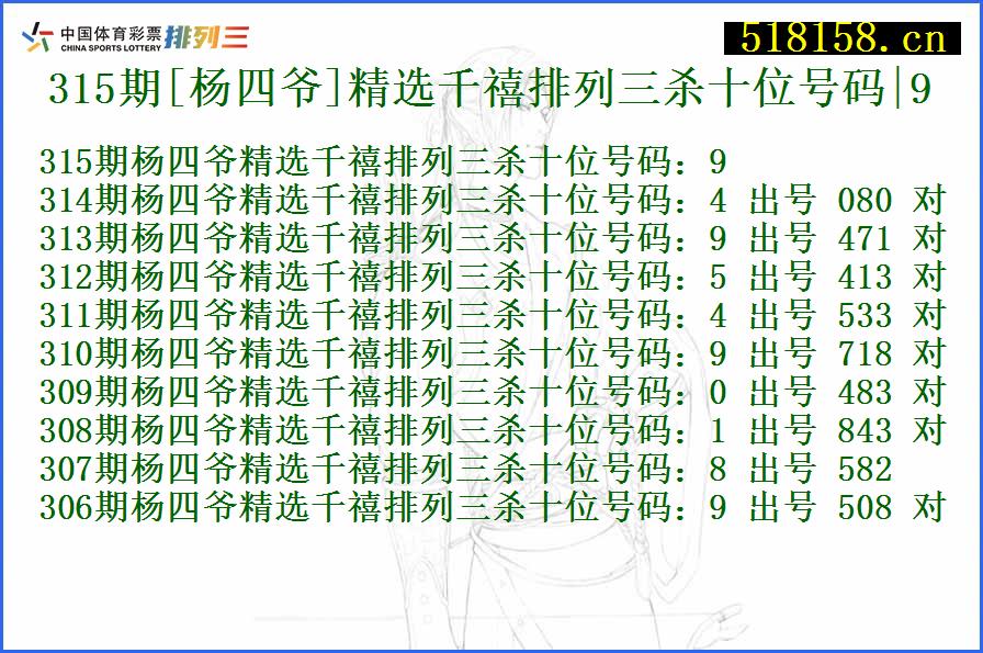 315期[杨四爷]精选千禧排列三杀十位号码|9